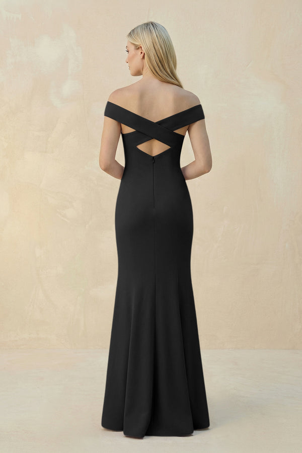 Off - the - Shoulder Sheath Matte Satin Bridesmaid Dress in Black - KissProm Bridesmaid Dresses
