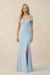 Off - the - Shoulder Sheath Matte Satin Bridesmaid Dress in Bleached Aqua - KissProm Bridesmaid Dresses