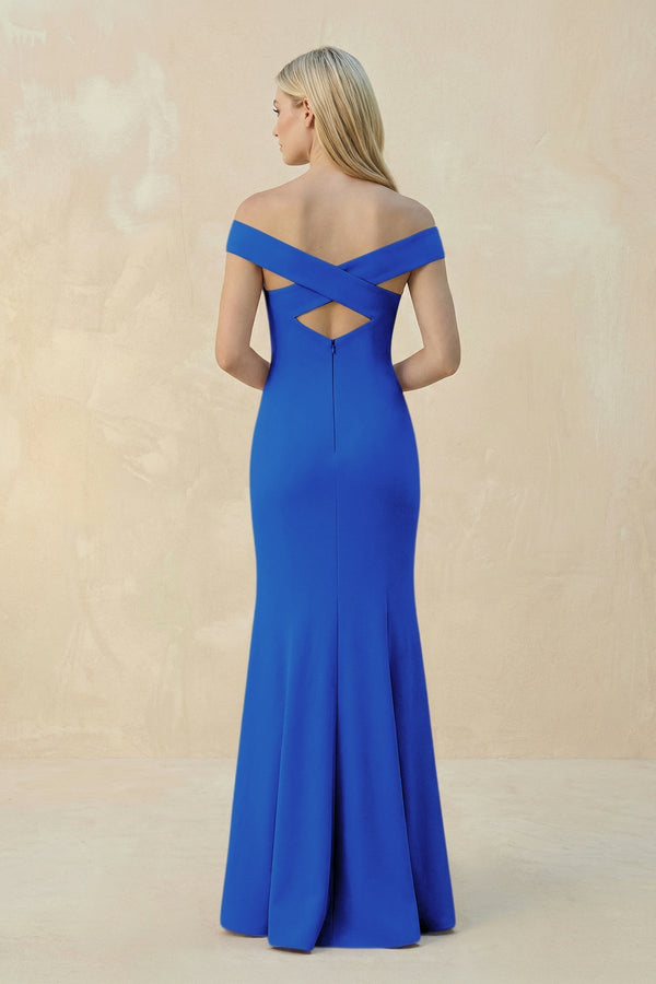Off - the - Shoulder Sheath Matte Satin Bridesmaid Dress in Blue Jay - KissProm Bridesmaid Dresses