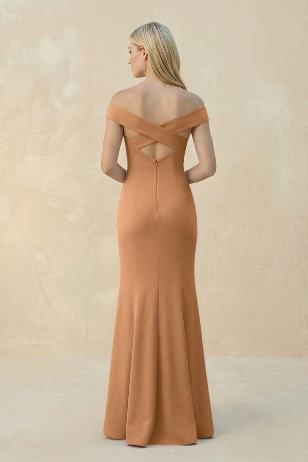 Off - the - Shoulder Sheath Matte Satin Bridesmaid Dress in Bronzer - KissProm Bridesmaid Dresses