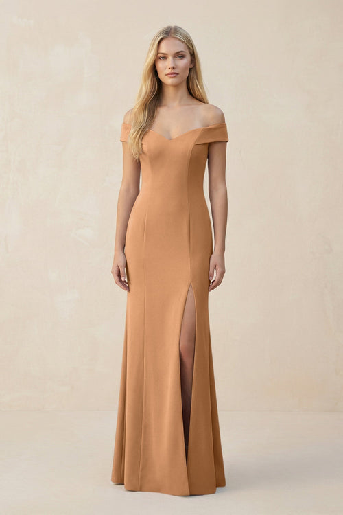 Off - the - Shoulder Sheath Matte Satin Bridesmaid Dress in Bronzer - KissProm Bridesmaid Dresses