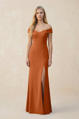 Off - the - Shoulder Sheath Matte Satin Bridesmaid Dress in Brown - KissProm Bridesmaid Dresses