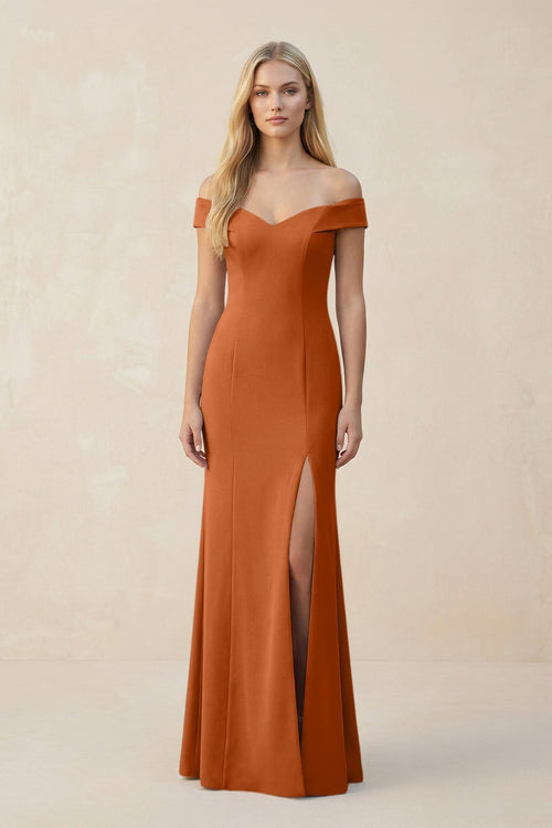 Off - the - Shoulder Sheath Matte Satin Bridesmaid Dress in Brown - KissProm Bridesmaid Dresses