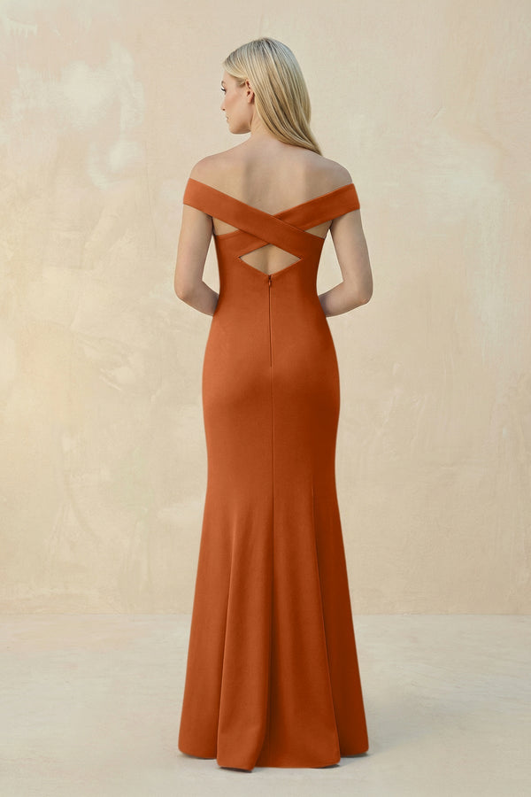 Off - the - Shoulder Sheath Matte Satin Bridesmaid Dress in Brown - KissProm Bridesmaid Dresses