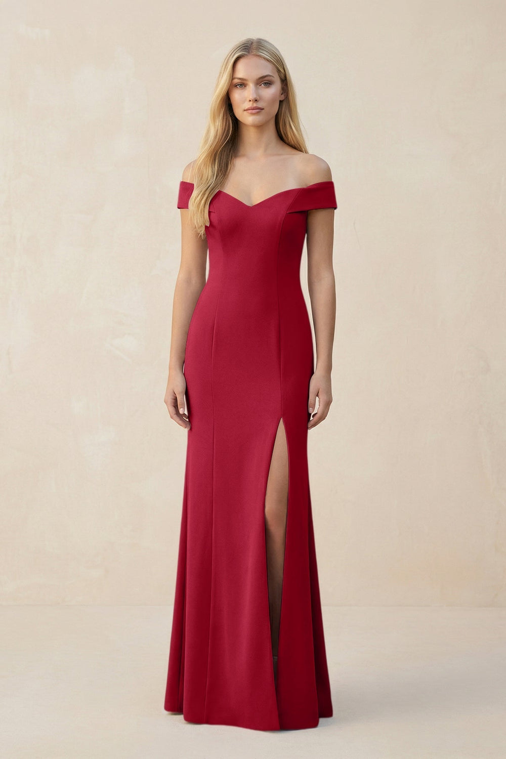 Off - the - Shoulder Sheath Matte Satin Bridesmaid Dress in Burgundy - KissProm Bridesmaid Dresses