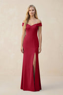 Off - the - Shoulder Sheath Matte Satin Bridesmaid Dress in Burgundy - KissProm Bridesmaid Dresses