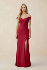 Off - the - Shoulder Sheath Matte Satin Bridesmaid Dress in Burgundy - KissProm Bridesmaid Dresses