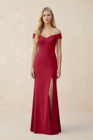 Off - the - Shoulder Sheath Matte Satin Bridesmaid Dress in Burgundy - KissProm Bridesmaid Dresses