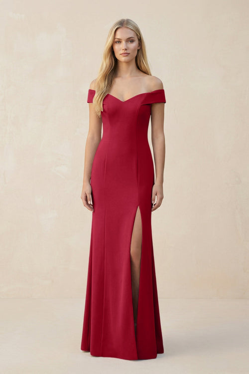 Off - the - Shoulder Sheath Matte Satin Bridesmaid Dress in Burgundy - KissProm Bridesmaid Dresses