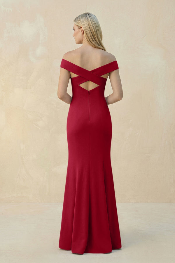 Off - the - Shoulder Sheath Matte Satin Bridesmaid Dress in Burgundy - KissProm Bridesmaid Dresses