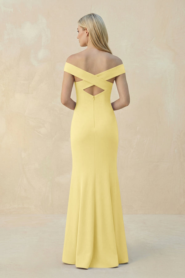 Off - the - Shoulder Sheath Matte Satin Bridesmaid Dress in Buttercup - KissProm Bridesmaid Dresses