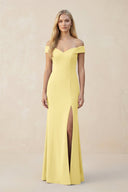 Off - the - Shoulder Sheath Matte Satin Bridesmaid Dress in Buttercup - KissProm Bridesmaid Dresses