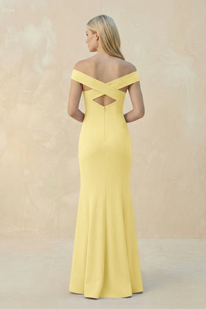 Off - the - Shoulder Sheath Matte Satin Bridesmaid Dress in Buttercup - KissProm Bridesmaid Dresses