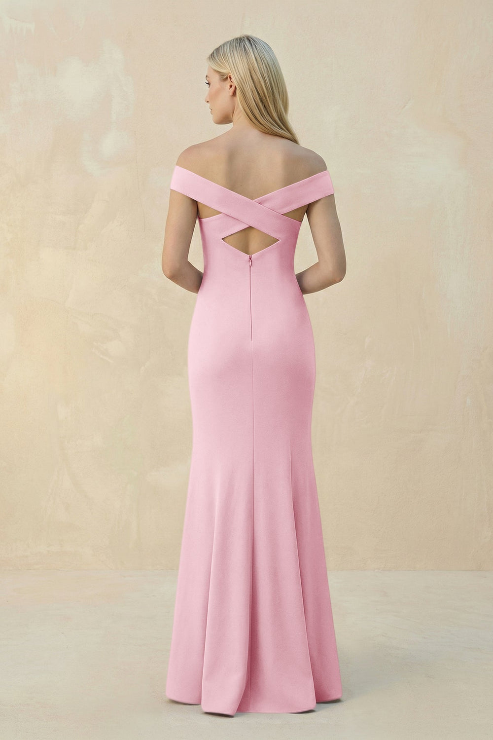 Off - the - Shoulder Sheath Matte Satin Bridesmaid Dress in Candy Pink - KissProm Bridesmaid Dresses
