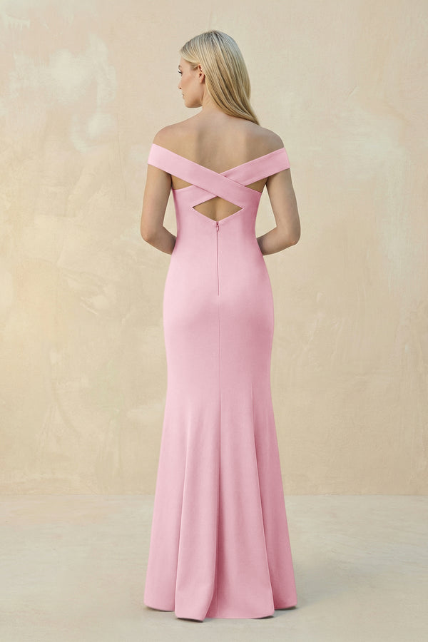 Off - the - Shoulder Sheath Matte Satin Bridesmaid Dress in Candy Pink - KissProm Bridesmaid Dresses