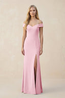 Off - the - Shoulder Sheath Matte Satin Bridesmaid Dress in Candy Pink - KissProm Bridesmaid Dresses