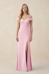 Off - the - Shoulder Sheath Matte Satin Bridesmaid Dress in Candy Pink - KissProm Bridesmaid Dresses