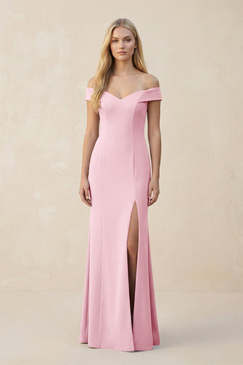 Off - the - Shoulder Sheath Matte Satin Bridesmaid Dress in Candy Pink - KissProm Bridesmaid Dresses