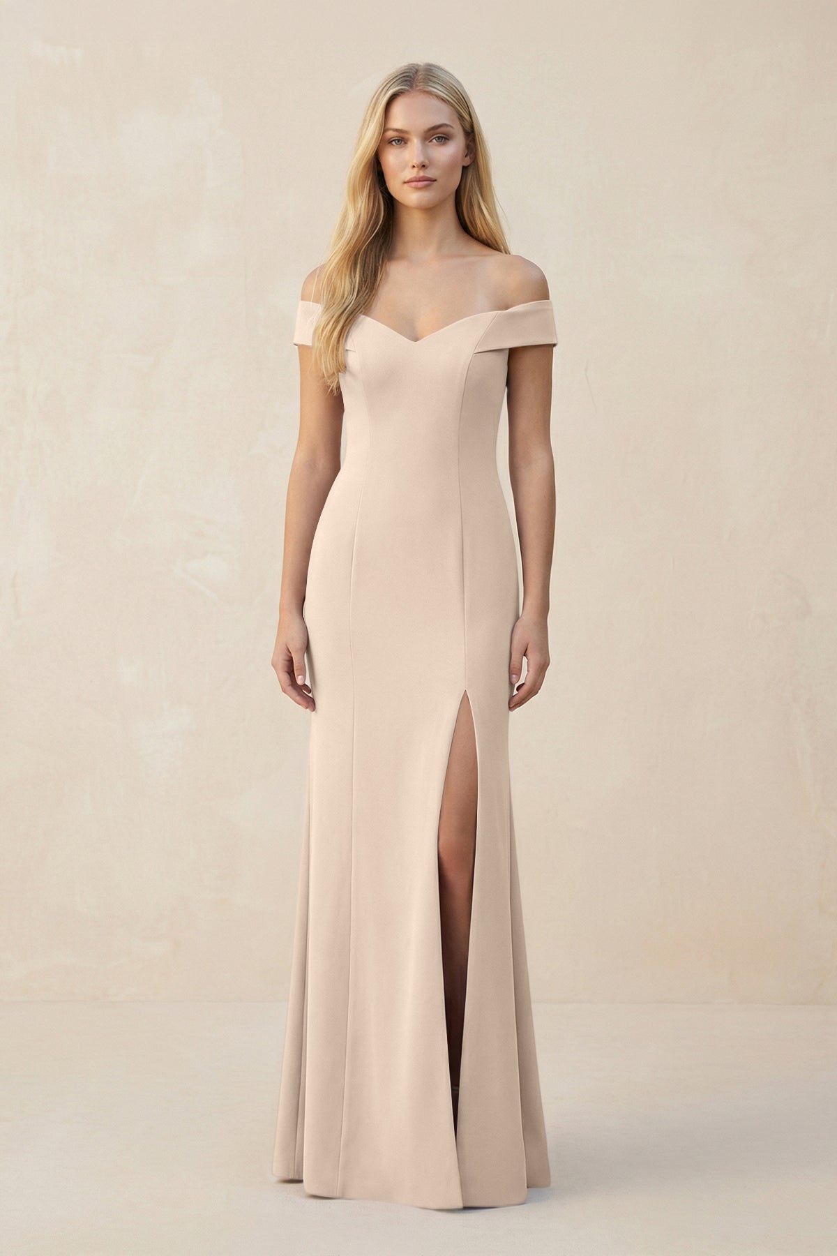 KissProm Off-the-Shoulder Sheath Matte Satin Bridesmaid Dress in Champagne, Champagne / 12