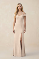 Off - the - Shoulder Sheath Matte Satin Bridesmaid Dress in Champagne - KissProm Bridesmaid Dresses