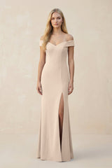 Off - the - Shoulder Sheath Matte Satin Bridesmaid Dress in Champagne - KissProm Bridesmaid Dresses