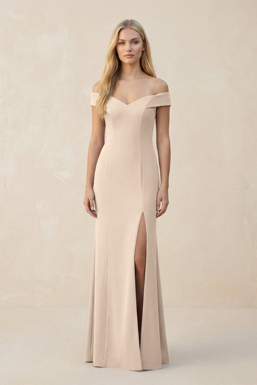Off - the - Shoulder Sheath Matte Satin Bridesmaid Dress in Champagne - KissProm Bridesmaid Dresses