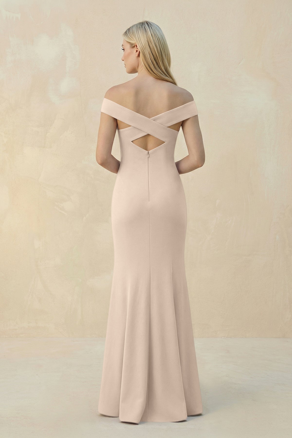 KissProm Off-the-Shoulder Sheath Matte Satin Bridesmaid Dress in Champagne, Champagne / 12