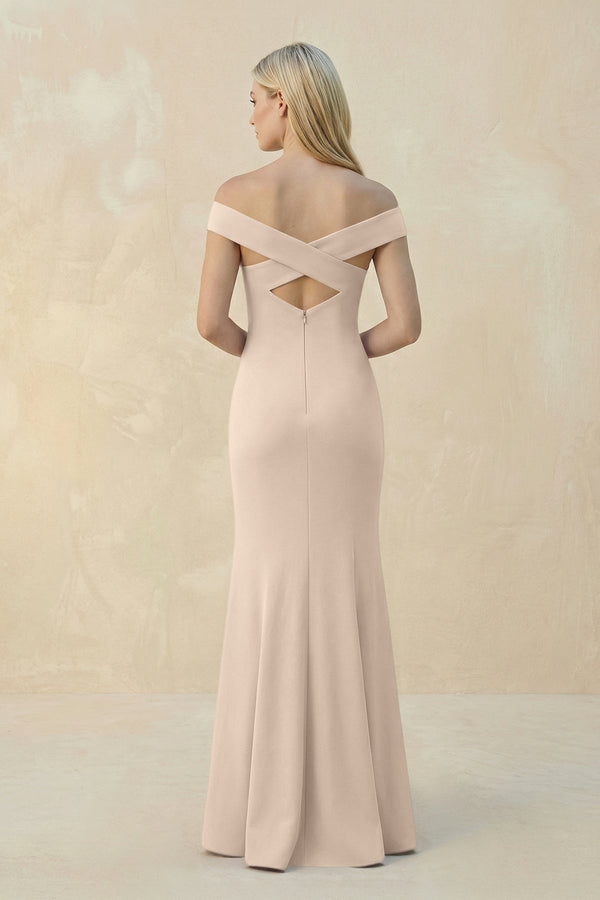 Off - the - Shoulder Sheath Matte Satin Bridesmaid Dress in Champagne - KissProm Bridesmaid Dresses
