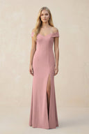 Off - the - Shoulder Sheath Matte Satin Bridesmaid Dress in Champagne Rose - KissProm Bridesmaid Dresses
