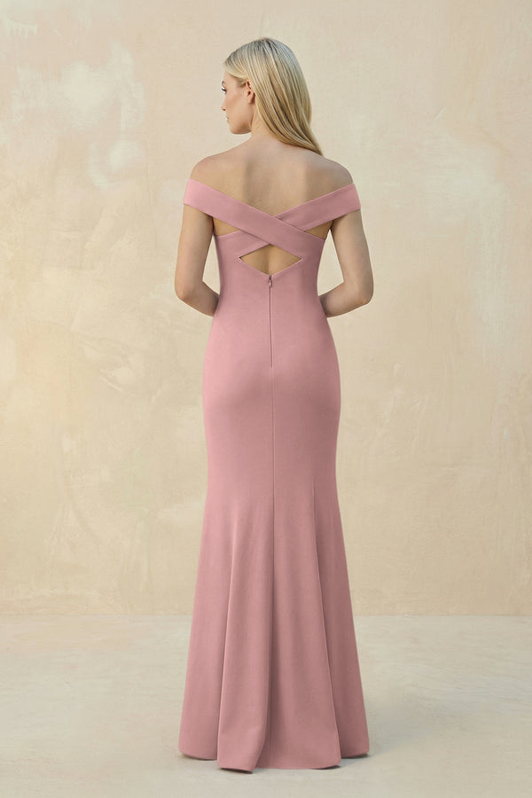 Off - the - Shoulder Sheath Matte Satin Bridesmaid Dress in Champagne Rose - KissProm Bridesmaid Dresses