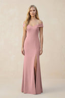 Off - the - Shoulder Sheath Matte Satin Bridesmaid Dress in Champagne Rose - KissProm Bridesmaid Dresses
