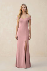 Off - the - Shoulder Sheath Matte Satin Bridesmaid Dress in Champagne Rose - KissProm Bridesmaid Dresses