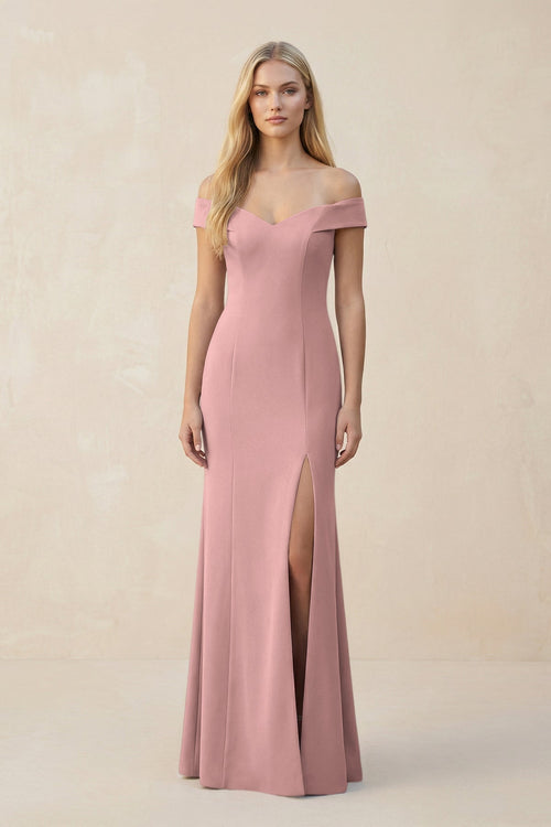 Off - the - Shoulder Sheath Matte Satin Bridesmaid Dress in Champagne Rose - KissProm Bridesmaid Dresses