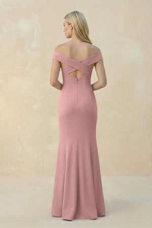 Off - the - Shoulder Sheath Matte Satin Bridesmaid Dress in Champagne Rose - KissProm Bridesmaid Dresses