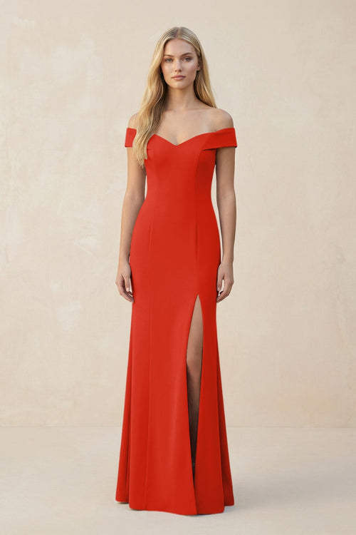 Off - the - Shoulder Sheath Matte Satin Bridesmaid Dress in Cinnamon - KissProm Bridesmaid Dresses