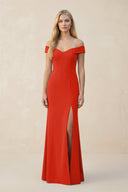 Off - the - Shoulder Sheath Matte Satin Bridesmaid Dress in Cinnamon - KissProm Bridesmaid Dresses