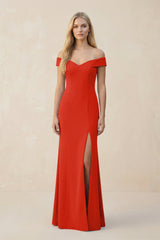 Off - the - Shoulder Sheath Matte Satin Bridesmaid Dress in Cinnamon - KissProm Bridesmaid Dresses
