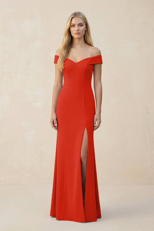 Off - the - Shoulder Sheath Matte Satin Bridesmaid Dress in Cinnamon - KissProm Bridesmaid Dresses