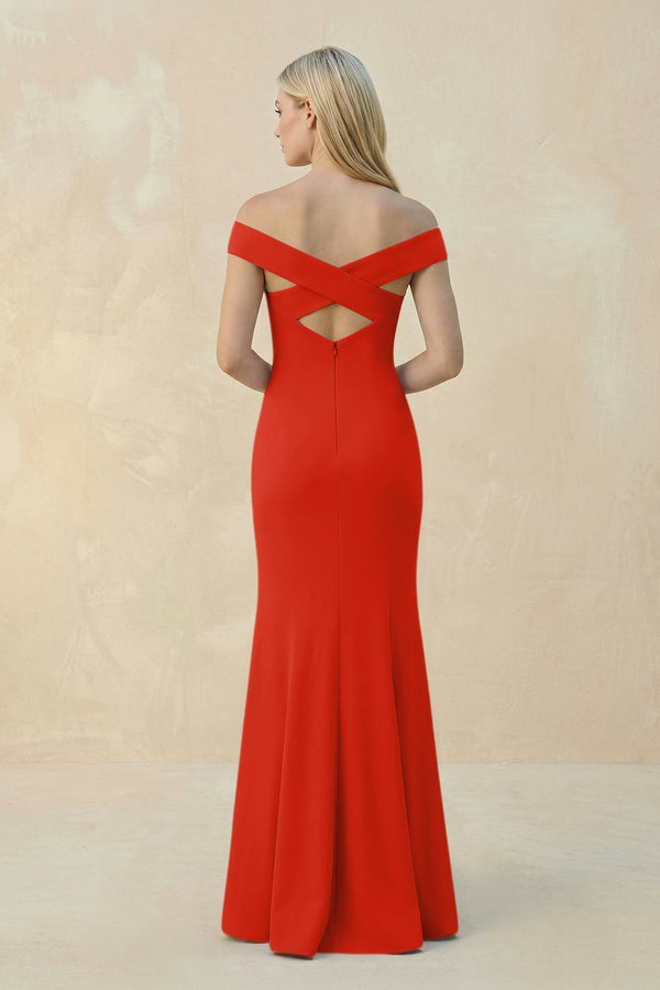 Off - the - Shoulder Sheath Matte Satin Bridesmaid Dress in Cinnamon - KissProm Bridesmaid Dresses