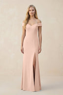 Off - the - Shoulder Sheath Matte Satin Bridesmaid Dress in Coral Pink - KissProm Bridesmaid Dresses