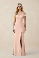 Off - the - Shoulder Sheath Matte Satin Bridesmaid Dress in Coral Pink - KissProm Bridesmaid Dresses