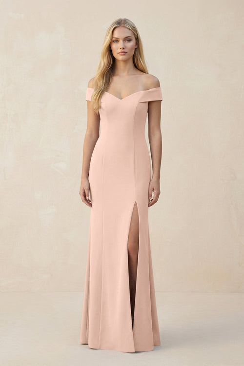 Off - the - Shoulder Sheath Matte Satin Bridesmaid Dress in Coral Pink - KissProm Bridesmaid Dresses