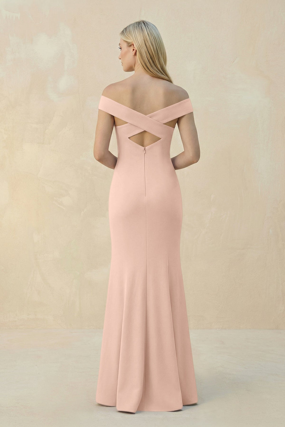 Off - the - Shoulder Sheath Matte Satin Bridesmaid Dress in Coral Pink - KissProm Bridesmaid Dresses