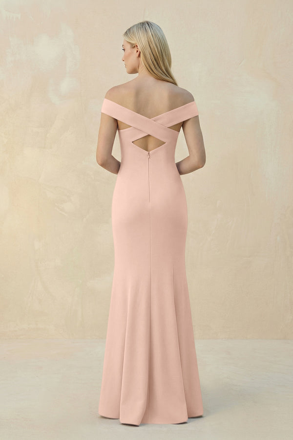Off - the - Shoulder Sheath Matte Satin Bridesmaid Dress in Coral Pink - KissProm Bridesmaid Dresses
