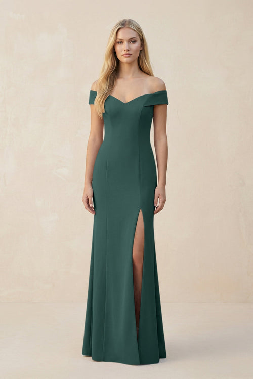 Off - the - Shoulder Sheath Matte Satin Bridesmaid Dress in Dark Green - KissProm Bridesmaid Dresses