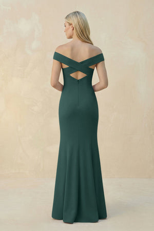 Off - the - Shoulder Sheath Matte Satin Bridesmaid Dress in Dark Green - KissProm Bridesmaid Dresses