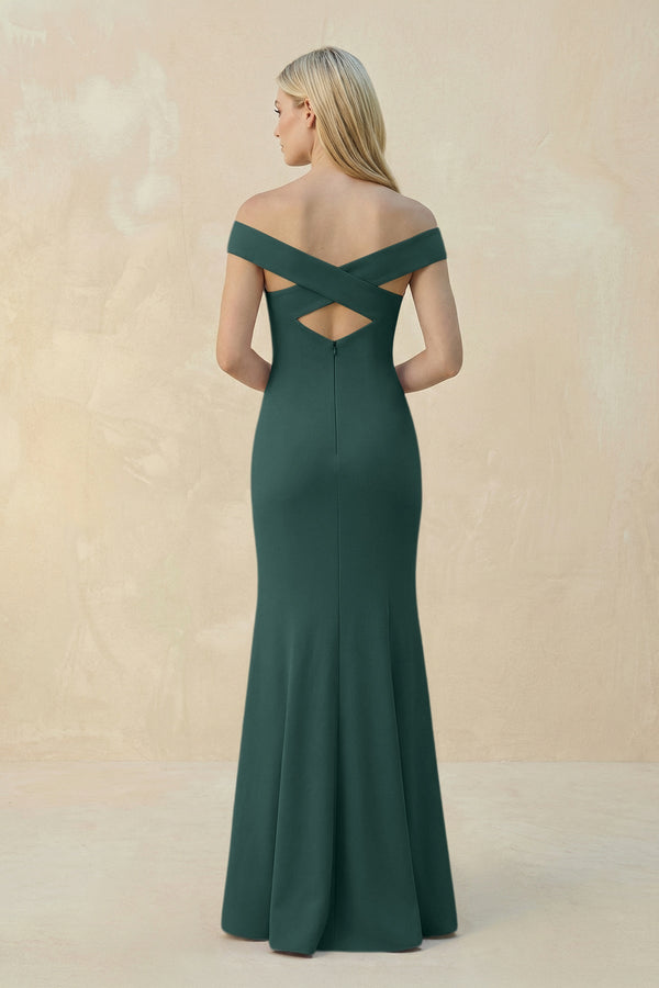 Off - the - Shoulder Sheath Matte Satin Bridesmaid Dress in Dark Green - KissProm Bridesmaid Dresses