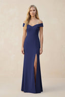 Off - the - Shoulder Sheath Matte Satin Bridesmaid Dress in Dark Navy - KissProm Bridesmaid Dresses