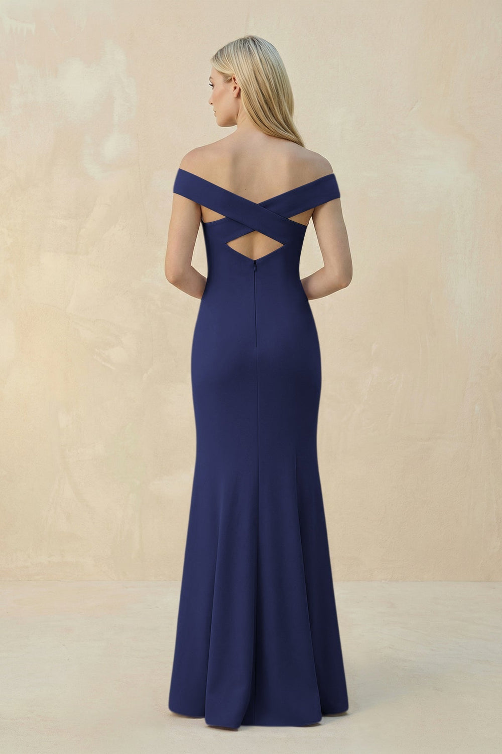 Off - the - Shoulder Sheath Matte Satin Bridesmaid Dress in Dark Navy - KissProm Bridesmaid Dresses