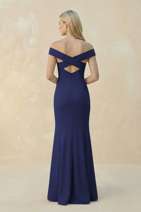 Off - the - Shoulder Sheath Matte Satin Bridesmaid Dress in Dark Navy - KissProm Bridesmaid Dresses